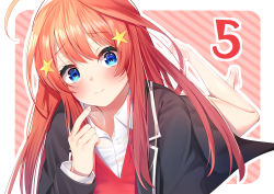 Rule 34 | 1girl, absurdres, ahoge, bare legs, black jacket, blue eyes, blush, border, collarbone, collared shirt, eyes visible through hair, fingernails, go-toubun no hanayome, hair between eyes, hair ornament, hand up, head tilt, highres, jacket, leg up, long hair, long sleeves, looking at viewer, lying, nakano itsuki, nari (narikashi), no pants, on stomach, outline, outside border, patterned background, pointing, pointing at self, red hair, red vest, shirt, sidelocks, smile, solo, star (symbol), star hair ornament, vest, white outline, white shirt