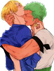 Rule 34 | 2boys, biting, blonde hair, blue shirt, clenched teeth, closed eyes, clothes lift, earrings, flustered, grabbing another&#039;s hair, green hair, haramaki, highres, jewelry, kzwtr8, male focus, mature male, multiple boys, neck biting, one piece, roronoa zoro, sanji (one piece), shirt, shirt lift, simple background, single earring, tan, teeth, thick arms, white background, white shirt, yaoi