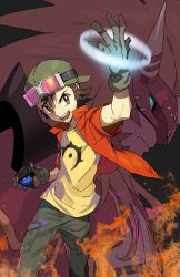Rule 34 | 1boy, absurdres, agnimon, blue eyes, blue pupils, brown eyes, brown gloves, brown hair, closed mouth, digimon, digimon (creature), digimon frontier, fang, fire, gloves, glowing, glowing eye, goggles, goggles on headwear, hat, hico, highres, holding, horned mask, horns, jacket, long hair, male focus, mask, open clothes, open jacket, open mouth, pink-tinted eyewear, red jacket, red theme, shirt, signature, slit pupils, smile, solo, teeth, tinted eyewear, tongue, yellow shirt