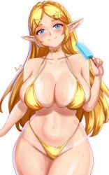 Rule 34 | 1girl, anisdrawn, bare shoulders, bikini, blonde hair, blue eyes, blush, braid, choker, commentary, cowboy shot, crown braid, food, hair ornament, hairclip, head tilt, highres, holding, holding food, holding popsicle, long hair, looking at viewer, navel, nintendo, pointy ears, popsicle, princess zelda, simple background, smile, solo, standing, stomach, swimsuit, the legend of zelda, the legend of zelda: breath of the wild, thighs, very long hair, white background, yellow bikini