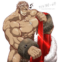 Rule 34 | abs, arm hair, artist name, balor (housamo), bara, beard, biceps, black hair, blue eyes, chain, chest hair, eyepatch, facial hair, hairy, highres, jewelry, kizami nori to yamaimo, large pectorals, leg hair, long sideburns, looking at viewer, male focus, manly, mature male, muscular, muscular male, necklace, nipples, no pants, pectorals, santa costume, scar, scar on chest, scar on face, scar on leg, scar on stomach, sideburns, solo, spiked hair, thick arms, thick thighs, thighs, tokyo houkago summoners, topless male, tusks, veins, veiny arms, white background, white hair, wrist cuffs
