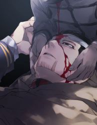 Rule 34 | 2boys, bandage over one eye, black background, black eyes, black hair, bleeding, blood, blood on face, brown cloak, cloak, facial hair, facial scar, goatee, golden kamuy, hanazawa yusaku, hands on another&#039;s head, head out of frame, highres, lap pillow, long sleeves, looking at another, looking up, male focus, military, military uniform, multiple boys, ogata hyakunosuke, one eye covered, oziozi kamuy, scar, scar on cheek, scar on face, short hair, simple background, uniform