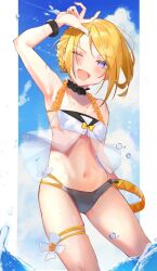 Rule 34 | 1girl, adapted costume, aged up, alternate hairstyle, arm up, asymmetrical clothes, asymmetrical hair, bikini, blonde hair, blue eyes, braid, breasts, choker, frilled bikini, frilled choker, frills, from below, gluteal fold, inubangarou, kagamine rin, looking at viewer, navel, open mouth, outside border, see-through, side braid, sky, smile, solo, swept bangs, swimsuit, thigh strap, vocaloid, water