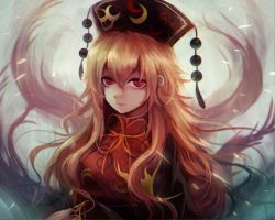 Rule 34 | 1girl, chinese clothes, dress, fox tail, hat, junko (touhou), long hair, long sleeves, looking at viewer, maho moco, multiple tails, orange hair, red eyes, slit pupils, smile, solo, tabard, tail, touhou, turtleneck, upper body
