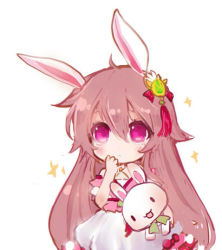 Rule 34 | 1girl, animal ears, aura kingdom, blush, brown hair, chibi, closed mouth, dress, hair between eyes, hair ornament, hand to own mouth, holding, holding stuffed toy, long hair, looking at viewer, lowres, maodouzi, pink dress, purple eyes, rabbit ears, serena (aura kingdom), simple background, solo, sparkle, stuffed animal, stuffed rabbit, stuffed toy, very long hair, white background