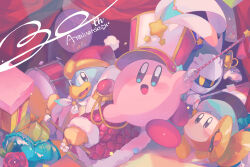 Rule 34 | absurdres, anniversary, ascot, band, bandana waddle dee, beak, beanie, beret, blue eyes, blue headwear, blue skin, blush stickers, cape, colored skin, commentary request, curtains, cymbals, drum, drumsticks, english text, flower, fur-trimmed robe, fur-trimmed sleeves, fur trim, gift, gloves, hat, hat feather, hat ornament, highres, holding, holding baton, holding drumsticks, holding instrument, indoors, instrument, jumping, kananishi, king dedede, kirby, kirby (series), long sleeves, meta knight, music, nintendo, no humans, no mouth, open mouth, orange skin, pink skin, playing instrument, pom pom (clothes), pom pom beanie, purple cape, red flower, red footwear, red headwear, red rose, robe, rose, shade, shako cap, shoes, shoulder pads, smile, solid oval eyes, stage, star (symbol), star hat ornament, two-tone headwear, white ascot, white eyes, white gloves, white headwear, white mask, yellow eyes