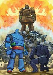 Rule 34 | armor, battle, black armor, black ox, blue armor, brown armor, colored skin, crossover, daimajin, daimajin (series), dust cloud, explosion, fire, glowing, glowing eyes, green skin, highres, joints, kaijuu, mecha, pile of corpses, return of daimajin, robot, robot joints, scabbard, sheath, shoulder armor, smoke, super robot, sword, tetsujin 28, tetsujin 28-gou, tetsujin 28-gou (2004), weapon, yamanushi, yellow eyes