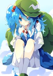 Rule 34 | 1girl, :t, backpack, bag, bloomers, blue eyes, blue hair, blue skirt, blue vest, blush, collared shirt, commentary, feet out of frame, flat cap, frilled shirt collar, frills, green bag, green hat, green socks, hair between eyes, hair bobbles, hair ornament, hat, highres, hugging own legs, kawashiro nitori, knees up, long hair, long sleeves, neck bobbles, nikorashi-ka, one-hour drawing challenge, pout, shirt, sitting, skirt, socks, solo, touhou, two side up, underwear, vest, white shirt, white socks