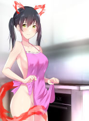 Rule 34 | 1girl, absurdres, animal ears, apron, apron lift, black hair, blush, breasts, cat ears, cat tail, cleavage, clothes lift, collarbone, en&#039;en no shouboutai, female focus, fire, hair between eyes, highres, kitchen, large breasts, lifting own clothes, looking at viewer, naked apron, okamired, pink apron, shiny skin, sideboob, solo, stove, tail, tamaki kotatsu, thighs, twintails, wavy mouth, yellow eyes