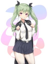 Rule 34 | 10s, 1girl, anchovy (girls und panzer), anzio school uniform, belt, black necktie, black ribbon, blush, breasts, clenched teeth, contrapposto, covered erect nipples, cowboy shot, drill hair, girls und panzer, green hair, grin, hair ribbon, highres, holding, jacket, jacket on shoulders, long hair, long sleeves, looking at viewer, medium breasts, necktie, pantyhose, pleated skirt, purple eyes, reinama, ribbon, riding crop, school uniform, shirt, sidelocks, skirt, smile, solo, standing, teeth, twin drills, twintails, white pantyhose, white shirt, wing collar