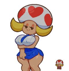 Rule 34 | 1girl, blonde hair, breasts, covered erect nipples, half-closed eyes, heart, large breasts, mario (series), necktie, nintendo, paper mario, paper mario 64, skirt, smile, solo, somescrub, toad (mario), vanna t., white background, wide hips