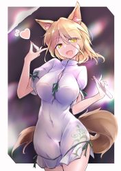 Rule 34 | 1girl, :d, alternate breast size, animal ear fluff, animal ears, border, breasts, commentary request, covered navel, cowboy shot, eyes visible through hair, fang, finger touching, fingernails, fox ears, fox shadow puppet, fox tail, fumitsuki (minaduki 6), green ribbon, hair between eyes, hands up, heart, highres, holding, holding test tube, kudamaki tsukasa, large breasts, long fingernails, medium hair, onesie, open mouth, ribbon, romper, short sleeves, slit pupils, smile, solo, standing, tail, taut clothes, test tube, thighs, touhou, white border, yellow eyes