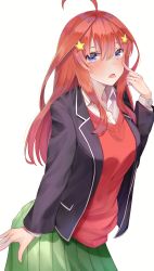 Rule 34 | 1girl, absurdres, ahoge, black jacket, blazer, blue eyes, blush, breasts, cardigan, collared shirt, commentary request, go-toubun no hanayome, green skirt, hair between eyes, hair ornament, highres, jacket, long hair, long sleeves, looking at viewer, nakano itsuki, open clothes, open jacket, open mouth, pleated skirt, red cardigan, red hair, school uniform, shirt, sidelocks, simple background, skirt, solo, star (symbol), star hair ornament, tongue, tongue out, white background, white shirt, yuunamida uyu
