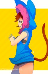 Rule 34 | 1girl, aurahack, bandeau, cat tail, clenched hand, from side, highres, hood, original, profile, red eyes, red hair, short shorts, shorts, signature, sleeveless, solo, sweater, tail, watermark, web address