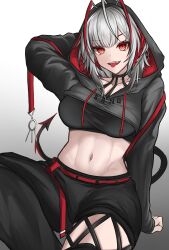 Rule 34 | 1girl, absurdres, antenna hair, antennae, arknights, asymmetrical legwear, breasts, collar, demon horns, demon tail, fangs, grey hair, highres, hood, hoodie, horns, large breasts, long sleeves, looking at viewer, medium breasts, myb52, navel, red eyes, red nails, short hair, sitting, sleeves past wrists, smile, solo, tail, tongue, tongue out, w (arknights)