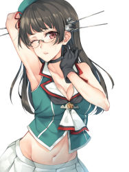 Rule 34 | 10s, 1girl, armpits, bare arms, bare shoulders, beret, black gloves, black hair, breasts, choukai (kancolle), choukai kai ni (kancolle), cleavage, collarbone, glasses, gloves, hat, kantai collection, long hair, midriff, military, military uniform, pleated skirt, red eyes, rimless eyewear, rinarisa, simple background, skirt, sleeveless, solo, uniform, white background, white skirt