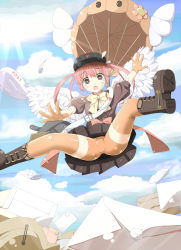 Rule 34 | 1girl, aircraft, bad id, bad pixiv id, boots, dirigible, envelope, falling, gloves, highres, mailman, original, parachute, pink hair, rapids (opsc), shorts, shorts under skirt, solo, tears, thighhighs, twintails, wings
