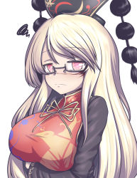 Rule 34 | 1girl, animal print, asymmetrical bangs, bird print, black dress, blonde hair, blush, breast hold, breasts, burn scar, chinese clothes, closed mouth, commentary request, dress, full-face blush, gero zoukin, glasses, headdress, junko (touhou), large breasts, long hair, long sleeves, looking at viewer, mature female, neck ribbon, parted bangs, pom pom (clothes), red eyes, ribbon, scar, simple background, solo, squiggle, tabard, tassel, touhou, upper body, white background, yellow ribbon