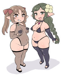 Rule 34 | 2girls, belly, bikini, bodystocking, breasts, brown eyes, brown hair, character request, commentary request, copyright request, dot nose, earrings, elbow gloves, fingerless gloves, flower, full body, gloves, green eyes, green hair, hair flower, hair ornament, jewelry, long hair, medium breasts, midget, muffin top, multiple girls, open mouth, pasties, plump, pointy ears, shadow, shortstack, sidelocks, swimsuit, thick thighs, thighhighs, thighs, yoshino norihito