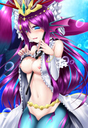 Rule 34 | 1girl, bare shoulders, between breasts, blue eyes, blush, breasts, covered erect nipples, fins, head fins, headdress, highres, jewelry, large breasts, lots of jewelry, mermaid, monster girl, navel, open mouth, purple hair, puzzle &amp; dragons, shimo (depthbomb), siren (p&amp;d)