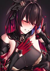 Rule 34 | 1girl, absurdres, black hair, blush, breasts, closed eyes, colored inner hair, conch, gloves, grin, hair between eyes, hair ornament, hand on own chest, highres, holding, honkai (series), honkai impact 3rd, large breasts, long hair, multicolored hair, pyeong-il pyeongil, red gloves, red hair, seele (alter ego), seele vollerei, seele vollerei (starchasm nyx), smile, solo, upper body