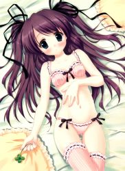 Rule 34 | 1girl, absurdres, bed sheet, bra, brown hair, clover, four-leaf clover, frilled bra, frilled panties, frilled thighhighs, frills, green eyes, hair ribbon, hand on own stomach, highres, long hair, lying, navel, panties, parted lips, pillow, pink bra, pink panties, pink thighhighs, ribbon, ryouka (suzuya), scan, solo, striped clothes, striped thighhighs, thighhighs, twintails, two side up, underwear, underwear only, vertical-striped clothes, vertical-striped thighhighs