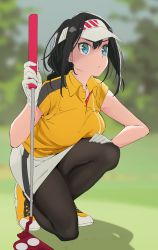 Rule 34 | 1girl, absurdres, black hair, black pantyhose, blue eyes, blurry, blurry background, closed mouth, commentary, cross-laced footwear, day, depth of field, gloves, golf club, grey hat, grey skirt, hand on own thigh, hat, highres, holding, holding golf club, light frown, long hair, miniskirt, on one knee, original, outdoors, pantyhose, pencil skirt, polo shirt, saitou kengo, shadow, shirt, shoes, short sleeves, single vertical stripe, skirt, sneakers, solo, thighs, visor cap, white gloves, yellow footwear, yellow shirt