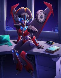 Rule 34 | 1girl, alien, blue eyes, breasts, curvy, desk, humanoid robot, joints, katya sair, medium breasts, on desk, panties, red lips, red panties, robot, sitting, on desk, solo, the transformers (idw), thick thighs, thighs, transformers, underwear, windblade, wings