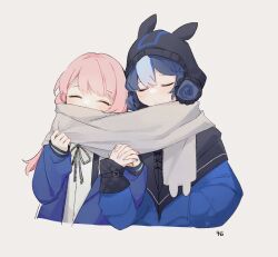 Rule 34 | 2girls, arknights, beanie, black headwear, black ribbon, blue hair, blue jacket, blue nails, blue poison (arknights), blush, closed eyes, closed mouth, commentary, cropped torso, dress shirt, glaucus (arknights), grey background, grey scarf, hair between eyes, hand in pocket, happy, hat, highres, holding hands, interlocked fingers, jacket, light blue hair, long hair, long sleeves, multicolored hair, multiple girls, nail polish, neck ribbon, open clothes, open jacket, pink hair, ribbon, ruri (dailybloopy), scarf, shared clothes, shared scarf, shirt, simple background, sleeves past wrists, upper body, white shirt, yuri