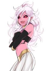 Rule 34 | 1girl, alternate form, android 21, black nails, black sclera, colored sclera, colored skin, crossed arms, dragon ball, dragon ball fighterz, evil smile, fangs, highres, kyou (ningiou), light purple hair, looking at viewer, majin android 21, nail polish, navel, open mouth, pink skin, pointy ears, red eyes, smile, solo, spoilers, stomach