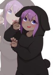 Rule 34 | 1girl, animal costume, animal ears, animal hood, blush, claw pose, dark-skinned female, dark skin, fake animal ears, fake tail, fate/prototype, fate/prototype: fragments of blue and silver, fate (series), hair between eyes, hands up, hassan of serenity (fate), highres, hood, hood up, i.u.y, long sleeves, looking at viewer, open mouth, purple eyes, purple hair, sidelocks, simple background, solo, tail, teeth, upper teeth only, v-shaped eyebrows, white background, zoom layer