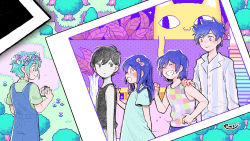 Rule 34 | 1girl, 4boys, aubrey (headspace) (omori), aubrey (omori), basil (headspace) (omori), basil (omori), big yellow cat (omori), black eyes, black hair, blue shirt, blush, bow, camera, closed eyes, closed mouth, colored skin, emily shaw, expressionless, facing another, green eyes, green hair, green shirt, grin, hair bow, head wreath, hero (headspace) (omori), hero (omori), highres, holding, holding camera, kel (headspace) (omori), kel (omori), long hair, long sleeves, looking at another, multiple boys, omori, omori (omori), open mouth, overall shorts, overalls, pajamas, parted lips, pink bow, purple eyes, purple hair, shirt, short hair, short sleeves, sleeveless, smile, teeth, white skin