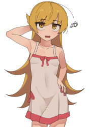 Rule 34 | 1girl, arm behind head, arm up, armpits, bakemonogatari, bare shoulders, blonde hair, breasts, collarbone, commentary, cowboy shot, dress, fang, hair between eyes, hand on own hip, hand on own head, highres, jitome, long hair, looking at viewer, monogatari (series), nakta, open mouth, oshino shinobu, simple background, small breasts, solo, spoken squiggle, squiggle, symbol-only commentary, very long hair, white background, white dress, yellow eyes