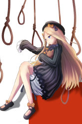 Rule 34 | 1girl, abigail williams (fate), bad id, bad pixiv id, black dress, blonde hair, bloomers, blue eyes, bow, dress, fate/grand order, fate (series), fuyukeu, hair bow, hands in opposite sleeves, hat, highres, loafers, long hair, long sleeves, noose, shoes, solo, stuffed animal, stuffed toy, teddy bear, underwear, very long hair