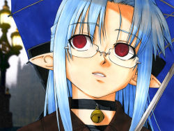 Rule 34 | 00s, 1girl, aged up, bell, bespectacled, blue hair, close-up, collar, glasses, kohuseigetsu, len (tsukihime), lips, long hair, melty blood, neck bell, pointy ears, red eyes, solo, tsukihime, type-moon, umbrella