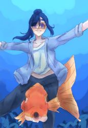 Rule 34 | 1girl, artist name, artist request, black pants, blue hair, blue jacket, blush, collarbone, drawstring, female focus, fish, hair between eyes, high ponytail, highres, jacket, long hair, long sleeves, looking at viewer, love live!, love live! sunshine!!, matsuura kanan, ocean, seafloor, open clothes, open jacket, outstretched arms, pants, parted lips, ponytail, purple eyes, shirt, smile, solo, spread arms, teeth, underwater, white shirt