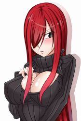 Rule 34 | 1girl, blush, breasts, cleavage, covered erect nipples, erza scarlet, fairy tail, highres, large breasts, long hair, meme attire, murabito sono2, open-chest sweater, red hair, solo, sweater