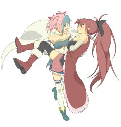 Rule 34 | 2girls, bad id, bad pixiv id, black legwear, blue eyes, blue hair, blush, boots, cape, carrying, character mask, corset, cosplay, detached sleeves, dress, gloves, hair ribbon, hands on own chest, kaname madoka, long hair, magical girl, mahou shoujo madoka magica, mahou shoujo madoka magica (anime), mask, miki sayaka, miki sayaka (cosplay), mouth mask, multiple girls, open mouth, pink hair, ponytail, princess carry, red dress, red eyes, red hair, ribbon, sakura kyoko, serohan, short hair, simple background, smile, thighhighs, twintails, wavy mouth, white background, white gloves, white legwear, yuri, zettai ryouiki