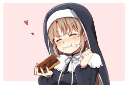 Rule 34 | 1girl, blush, closed eyes, eating, eclair (food), food, food on face, foodgasm, fujita 758634, habit, hand on own cheek, hand on own face, heart, light brown hair, long hair, nijisanji, nun, sister claire, sister claire (1st costume), solo, traditional nun, virtual youtuber, zipper, zipper pull tab