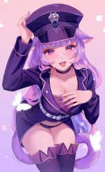 Rule 34 | 1girl, absurdres, animal ear fluff, animal ears, black choker, black coat, black hat, black panties, black thighhighs, breasts, bug, butterfly, cat ears, cat girl, cat tail, choker, coat, colored inner hair, eyelashes, fang, hand on headwear, hat, highres, indie virtual youtuber, insect, long hair, long sleeves, miraymoon, multicolored hair, open mouth, panties, peaked cap, phinea miaow, pink background, purple eyes, purple hair, purple nails, skin fang, solo, sparkle, tail, thighhighs, twitter username, two-tone hair, underwear, very long hair, virtual youtuber