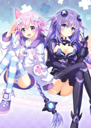 Rule 34 | 10s, 2girls, blue eyes, blush, braid, breasts, cleavage, cleavage cutout, clothing cutout, d-pad, dual persona, gloves, hair ornament, leotard, long hair, looking at viewer, md5 mismatch, medium breasts, multiple girls, narinn, neptune (neptunia), neptune (series), open mouth, purple eyes, purple hair, purple heart (neptunia), short hair, smile, symbol-shaped pupils, thighhighs, twin braids, very long hair