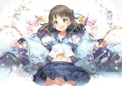 Rule 34 | 1girl, absurdres, anmi, blue eyes, blue skirt, blush, brown hair, collarbone, floral print, flower, frills, highres, long sleeves, looking at viewer, navel, open mouth, original, pleated skirt, sailor collar, school uniform, serafuku, simple background, skirt, smile, solo, white background
