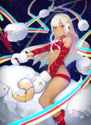 Rule 34 | 1girl, altera (fate), altera the santa (fate), bare shoulders, black cola, boots, dark-skinned female, dark skin, detached sleeves, earmuffs, fate/grand order, fate (series), highres, holding, long sleeves, looking at viewer, mittens, red eyes, revealing clothes, sheep, short hair, solo, thighs, veil, white hair, white mittens