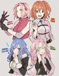 Rule 34 | 4girls, :d, adjusting clothes, adjusting gloves, black gloves, black jacket, blue eyes, blue hair, blush, bow, bowtie, braid, breasts, brown eyes, brown hair, character name, cleavage, closed mouth, copyright name, cropped torso, crossover, dress shirt, fairy tail, fate/grand order, fate (series), finger to mouth, fujimaru ritsuka (female), fur-trimmed sleeves, fur trim, gloves, gradient hair, green bow, green bowtie, green eyes, green hair, grey background, grey eyes, grey shirt, hair between eyes, hair ornament, hair scrunchie, haori, haruno sakura, heart, heart-shaped pupils, highres, jacket, japanese clothes, juvia lockser, kanroji mitsuri, kimetsu no yaiba, large breasts, long hair, long sleeves, looking at viewer, medium breasts, multicolored hair, multiple girls, naruto (series), naruto shippuuden, open clothes, open jacket, open mouth, open shirt, outline, pink hair, red jacket, scrunchie, shirt, short hair, shushing, side ponytail, sleeveless, sleeveless jacket, smile, suzu (tg 390), symbol-shaped pupils, twin braids, twintails, upper body, white shirt, yellow scrunchie