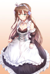 Rule 34 | 1girl, apron, azur lane, bad id, bad pixiv id, bare shoulders, black dress, blue ribbon, blush, breasts, brown background, cleavage, closed mouth, collarbone, commentary request, dress, frilled apron, frilled dress, frills, gradient background, green eyes, grey hairband, hair between eyes, hair ribbon, hairband, highres, juliet sleeves, long hair, long sleeves, looking at viewer, lunacle, maid, medium breasts, newcastle (azur lane), one side up, puffy sleeves, ribbon, sleeveless, sleeveless dress, solo, very long hair, white apron, white background