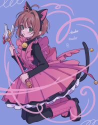 Rule 34 | 1girl, animal ear hairband, animal ears, antenna hair, bell, black shirt, blush, brown hair, cardcaptor sakura, cat ear hairband, cat ears, cat tail, commentary request, dress, english text, fake animal ears, green eyes, hairband, highres, holding, holding wand, kinomoto sakura, looking at viewer, magical girl, neck bell, official alternate costume, open mouth, pantyhose, pink headwear, pururu ru6, shirt, short hair, simple background, solo, tail, wand