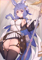 Rule 34 | 1girl, animal ears, armpits, bag, between breasts, black dress, black thighhighs, blurry, blurry background, breasts, cleavage, closed mouth, commentary request, curtains, depth of field, dress, erune, gloves, granblue fantasy, hair between eyes, highres, holding, holding staff, indoors, layered dress, long hair, long sleeves, medium breasts, panties, purple eyes, purple hair, rabbit ears, shoulder bag, solo, staff, strap between breasts, thighhighs, tikoh, underwear, uneg, white dress, white gloves, white headwear, white panties