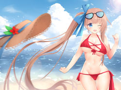 Rule 34 | 1girl, absurdres, bare arms, bare shoulders, beach, bikini, bird, blue eyes, blue ribbon, blush, breasts, brown hair, cleavage, cloud, collarbone, curvy, day, eyewear on head, fal (girls&#039; frontline), girls&#039; frontline, hair ribbon, hat, highres, hip focus, large breasts, long hair, looking at viewer, navel, ocean, one eye closed, open mouth, outdoors, red bikini, ribbon, side ponytail, sky, solo, sunlight, swimsuit, very long hair, waves, wide hips, zhao (pixiv12947327)