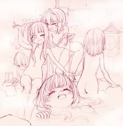 Rule 34 | 5girls, ahoge, ass, hand on another&#039;s head, highres, kaede (shijie heping), long hair, monochrome, multiple girls, nipples, nude, one eye closed, onsen, original, playing with another&#039;s hair, short hair, traditional media