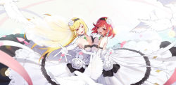 Rule 34 | 2girls, absurdres, bare shoulders, bird, black hairband, blonde hair, breast press, breasts, cleavage, commentary request, dress, dual persona, elbow gloves, flower, gem, gloves, hair flower, hair ornament, hairband, headpiece, highres, jewelry, large breasts, long hair, looking at viewer, multiple girls, mythra (xenoblade), nintendo, open mouth, petals, pyra (xenoblade), red hair, ribbon, rose, short hair, symmetrical docking, teeth, tiara, tifaices, valentine, wedding dress, white dress, white flower, white gloves, white ribbon, white rose, xenoblade chronicles (series), xenoblade chronicles 2, yellow eyes